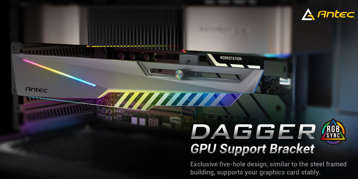 Antec GPU Bracket Dagger Black ARGB 5V 3-Pin. 5 holes. Horizontal Mount GPU 170-270mm. universal case support, Tool-Less. Adjustable Support column.
