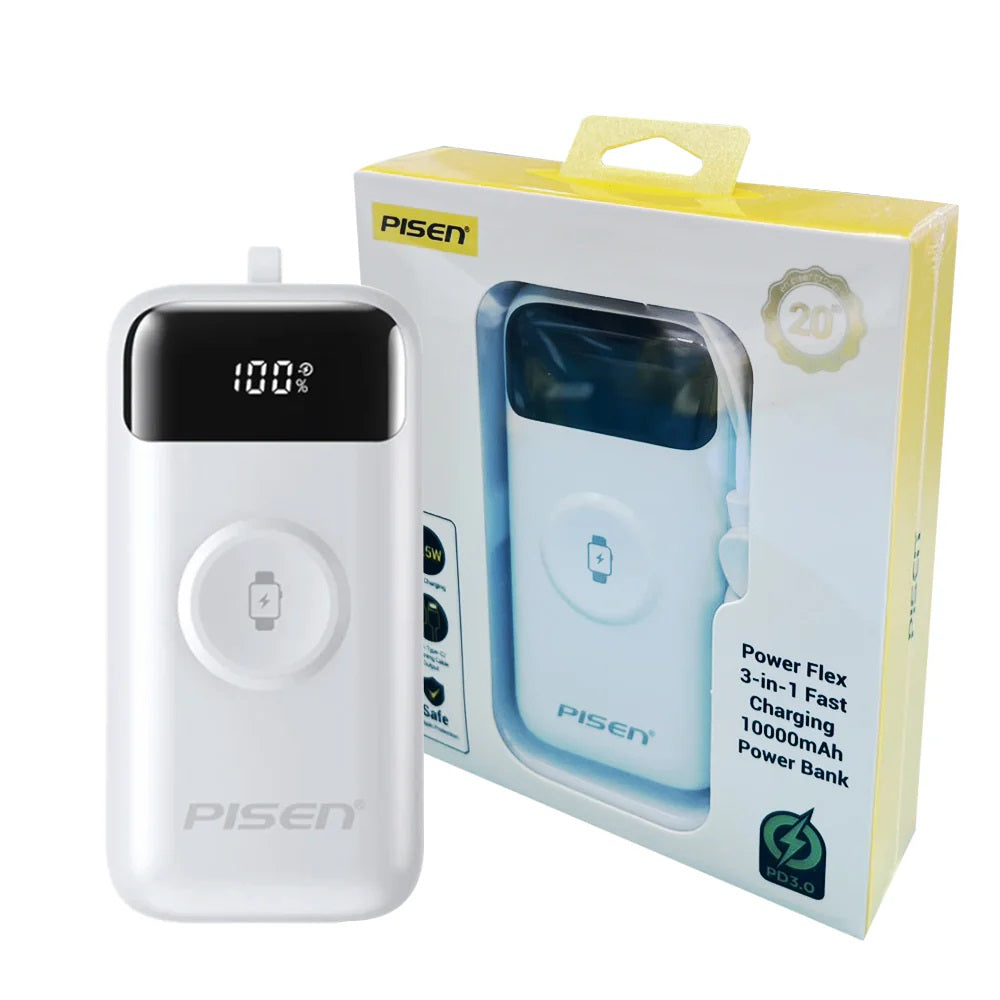 Pisen Flex 22.5W CCC-Certified 10K (10000mAh) Power Bank + Integrated Cable (Lightning + USB-C) + Watch Wireles Charging - White, 2 Year Warranty