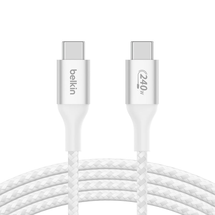 Belkin BoostCharge Braided USB-C to USB-C PD 3.1 Cable (2M) - White (CAB015bt2MWH), 5A/240W, 480Mbps, 30K+ Bends, Apple, 2 Years Warranty
