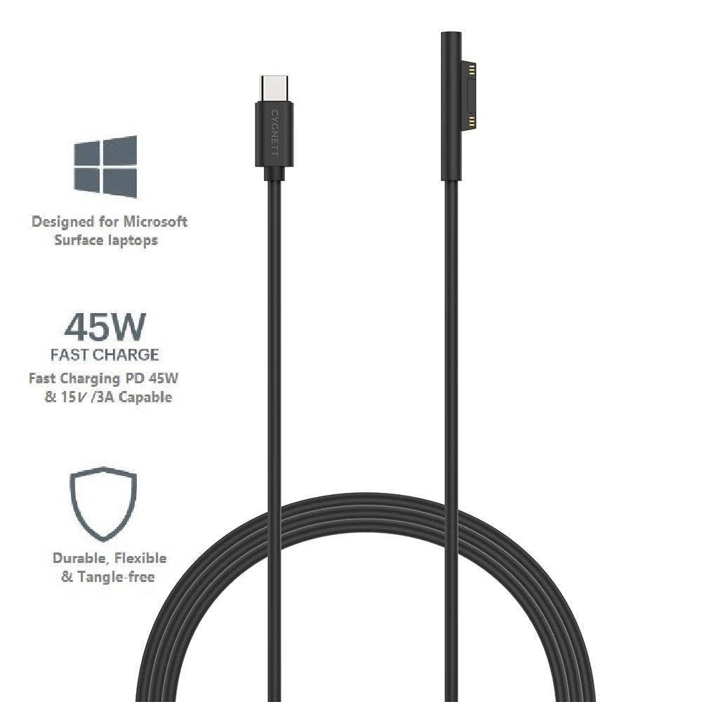 Cygnett Essentials USB-C to Microsoft Surface Laptop Cable (2M) -Black(CY3314USCMS),45W Fast Charging,Magnetic Connection,Quick & Safe,2 Yr. WTY.