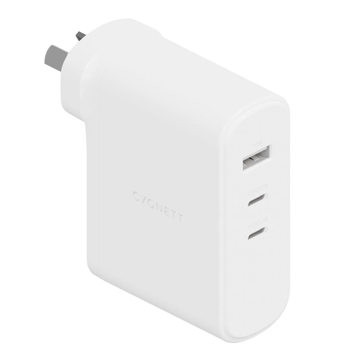 LS Cygnett PowerMaxx 100W Multiport GaN Wall Charger - White(CY4373PDWCH), 1x USB-A (18W),2x USB-C PD(100W),Chargex 3 Devices, 2 Years Warranty