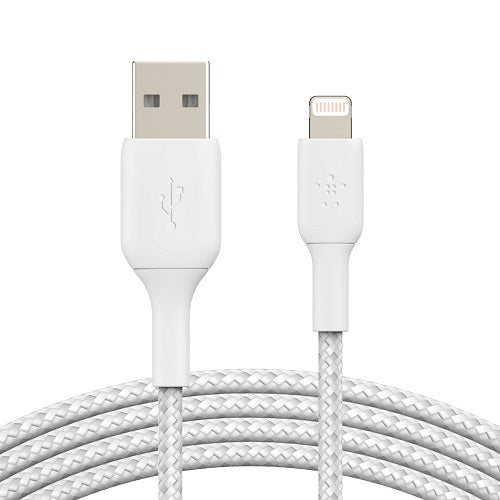 Belkin BoostCharge Braided Lightning to USB-A Cable (2M) - White (CAA002bt2MWH), 2.4A/12W, 480Mbps, 30K+ Bends, Apple, MFI-Certified, 2 Years Warranty