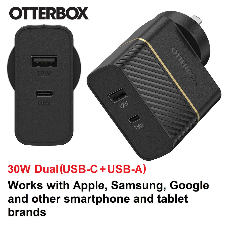 OtterBox 30W Dual Port Premium PD Fast Wall Charger - Black (78-80029), Compact, Drop Tested, Safe & Smart Charging, Best for Apple, 2 Years Warranty