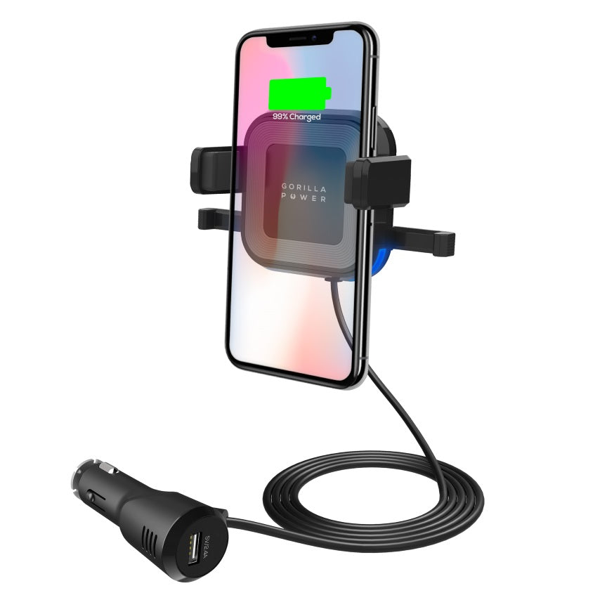 mbeat® Gorilla Power 10W Wireless Car Charger with 2.4A USB Charging, Air Vent Clip & Windshield Stand Black Package (LS)