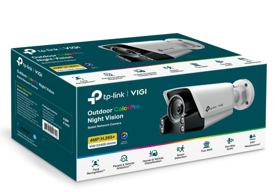TP-Link VIGI 4MP C340S(4mm) Outdoor ColourPro Night Vision Bullet Network Camera, 4mm Lens, Smart Detection