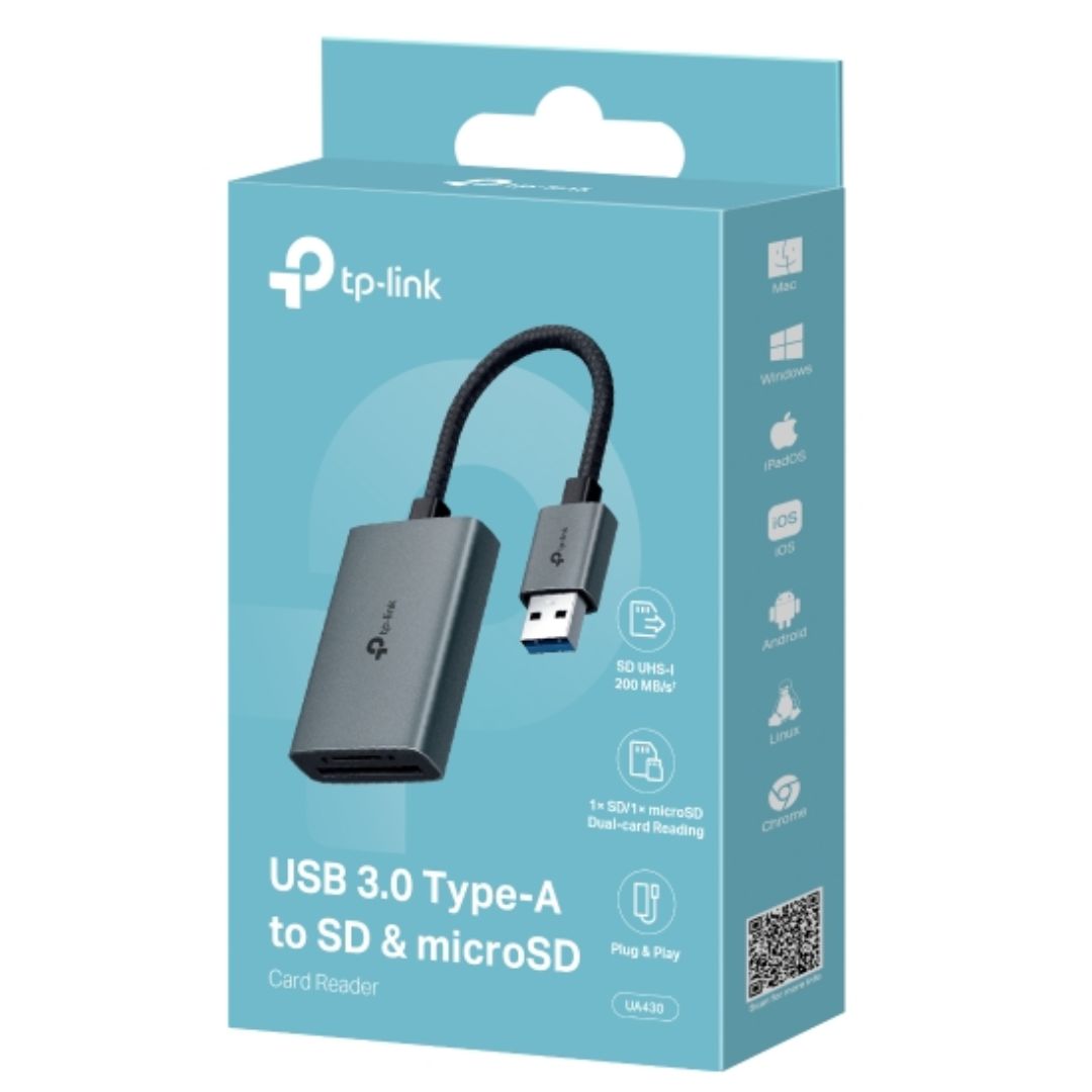 TP-Link UA430 USB 3.0 Type-A to SD & microSD 3.0 Card Reader, support SD,SDHC、SDXC,microSD、microSDHC、microSDXC cards up to 2TB.