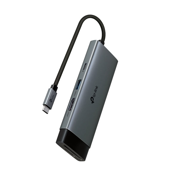 TP-Link UH7021C USB Type-C 7-in-1 Hub, 4K@60Hz HDMI, SD & microSD UHS-I, 100W Power Delivery, 3× USB-A Data Ports.