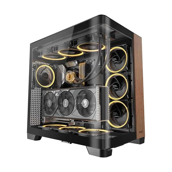 Antec C8 CURVE Wood E-ATX, ATX Seamelss View Front and Side, USB-C, 4mm Tempered Glass, 360mm liquid cooler top, bottom, side. 2x USB 3.0 Black Case.
