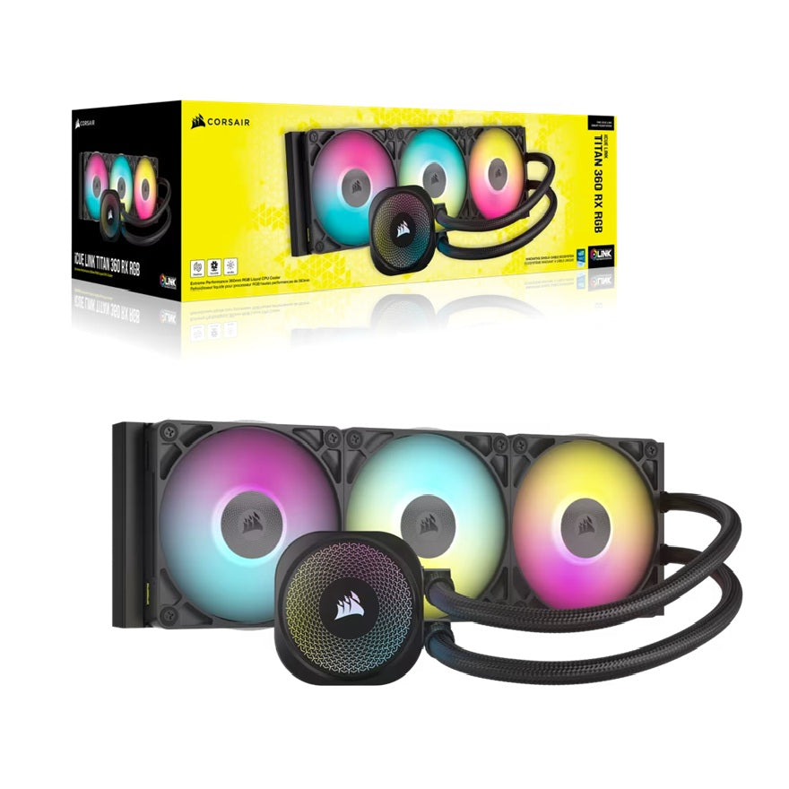Corsair iCUE LINK TITAN 360 RX RGB AIO Liquid CPU Cooler - Black, 73.5 CFM, 2100 RPM, Aluminum Radiator, Copper Cold Plate, Intel/AMD Support