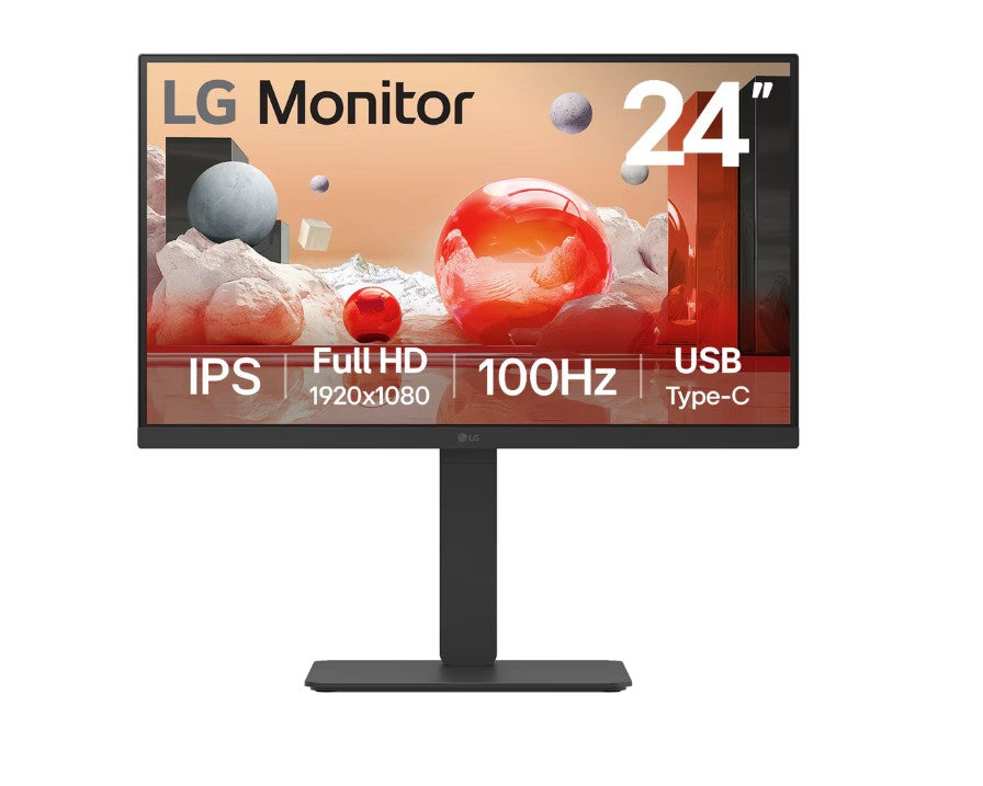LG 24' IPS FHD 1920 x 1080, USB Type-C 65wPD, RJ45 100Hz 5ms, AMD FreeSync 16:9 Tilt/Height/Swivel/Pivot (Bi-direction) adjustable stand, 3yrs Monitor