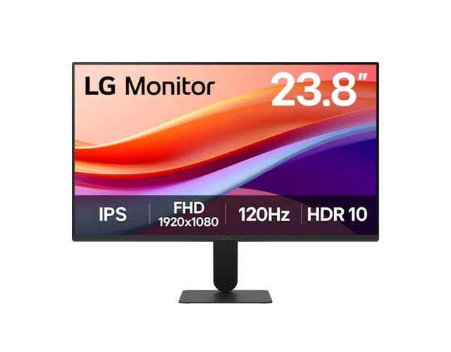LG 23.8' IPS Full HD Monitor, 1920x1080, 120Hz refresh rate, 5ms response, sRGB 99%, HDR10, and 178° wide viewing angles for smooth, vibrant visuals