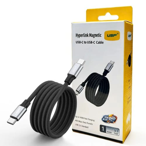 USP Braided HyperLink USB-C to USB-C (1M) Magnetic Cable - Black, Charge & Connect,Digital Display,140W PD, 2 Years Warranty
