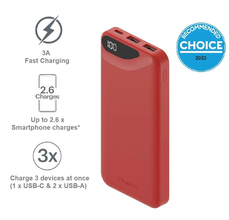 Cygnett ChargeUp Boost 3rd Gen 10K mAh Power Bank -Red(CY4343PBCHE),1x USB-C(15W),2x USB-A(12W),15cm USB-C Cable, Charge 3 Devices, 2 Years Warran
