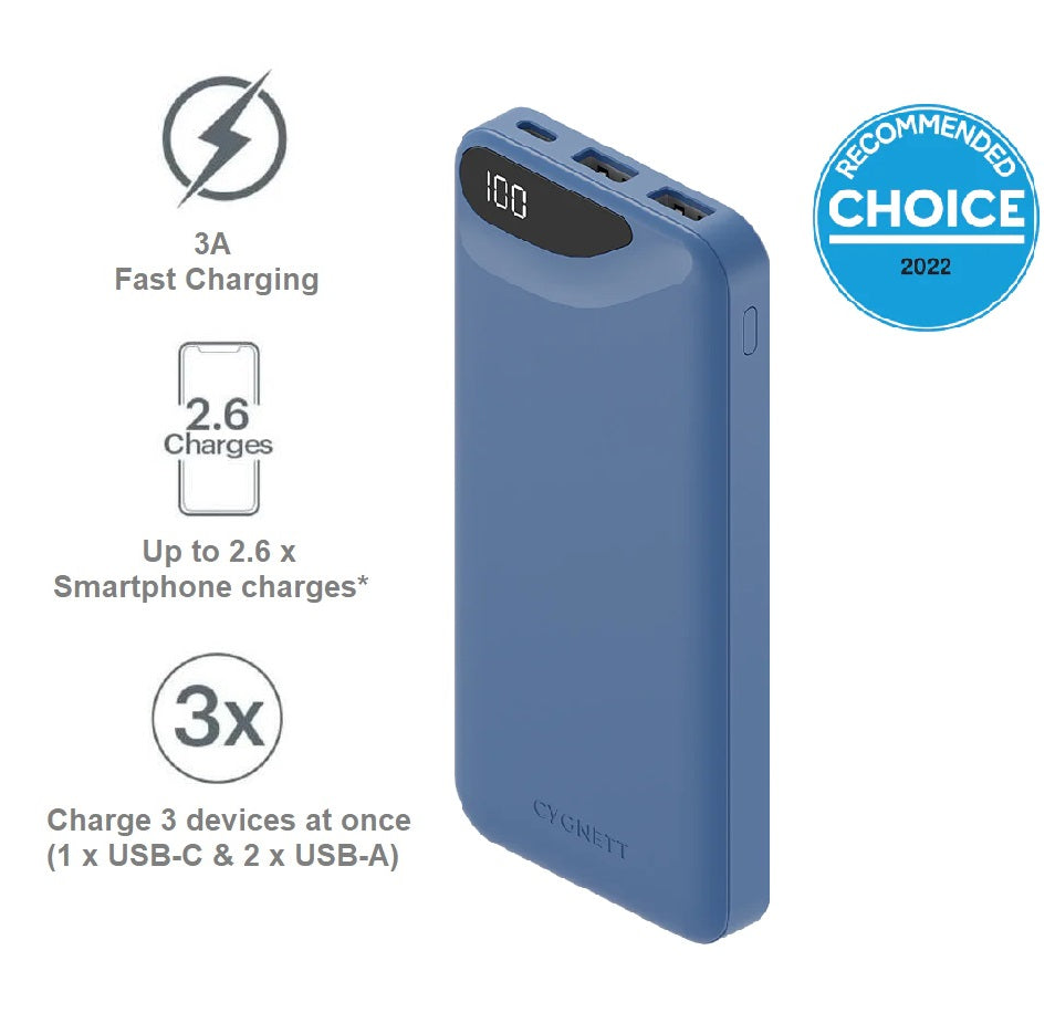 Cygnett ChargeUp Boost 3rd Gen 10K mAh Power Bank-Blue(CY4342PBCHE),1x USB-C(15W),2x USB-A(12W),15cm USB-C Cable, Charge 3 Devices, 2 Years Warran