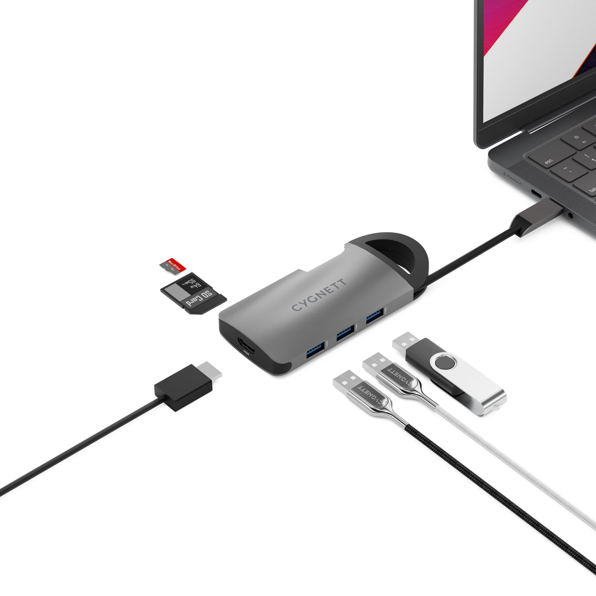 Cygnett Unite 7-in-1 USB-C Multiport Hub Adapter Dock (CY4550HUBC7)3xUSB-A (3.0, 5Gbps) 1xUSB-C(100W)1x4K HDMI (30Hz) 1xSD 1xMicro SD,2 Years Warranty