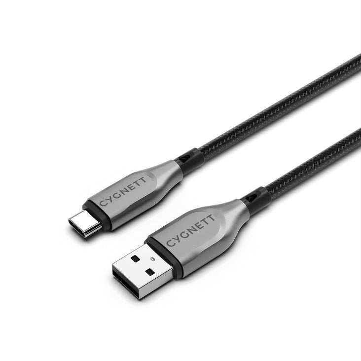 Cygnett Armoured Braided USB-C to USB-A (2.0) Cable (2M) - Black (CY4683PCUSA), 3A/60W, 480Mbps, Turbo Charge, Best for Laptop, 5 Years Warranty