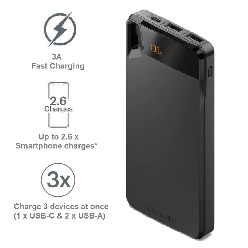 Cygnett ChargeUp Boost 4th Gen 10K mAh Power Bank-Black(CY4747PBCHE)Triple Port(Dual USB-A 15W+1xUSB-C 15W),15cm USB-C Cable,15W Max,2 Years Warranty