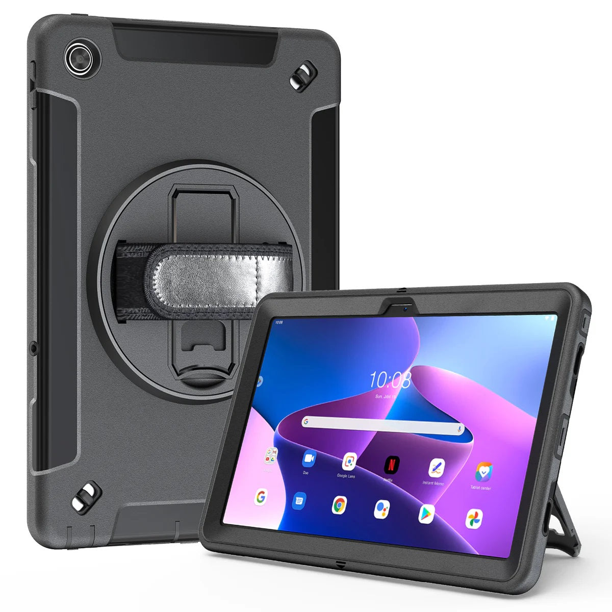 USP Rugged Lenovo Tab M10 Plus (10.6') (3rd Gen) Case + Screen Protector Black - Built-in-Kickstand, Adjustable Hand Strap, DropProof, 3 Year Warranty