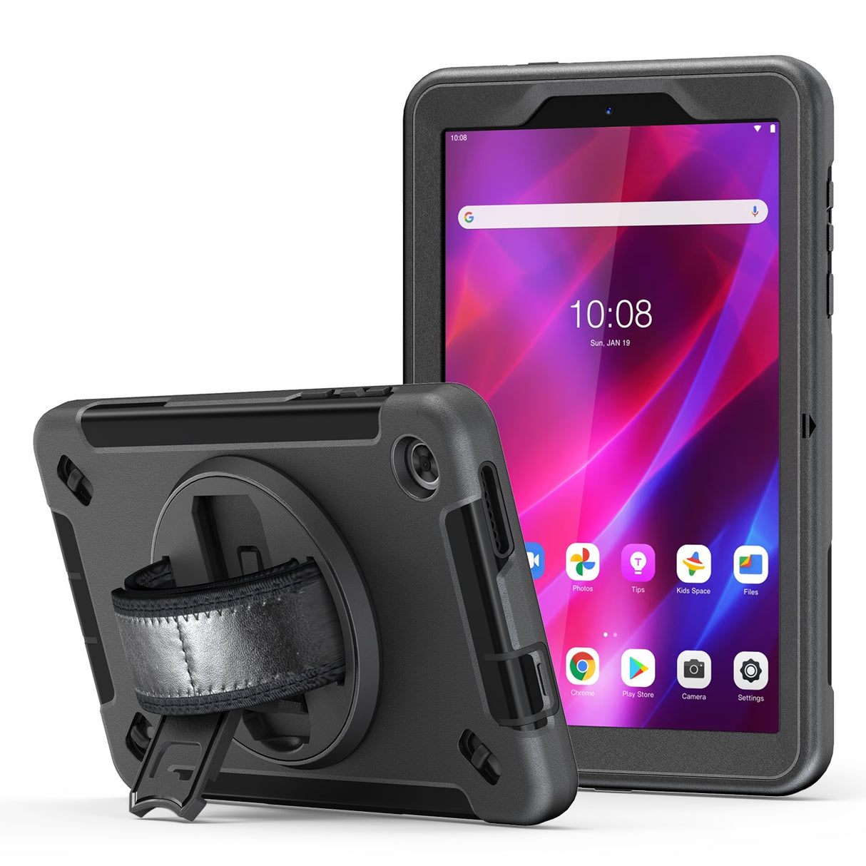 USP Rugged Lenovo Tab M8 (4th Gen) (8') (TB-300) Case + Screen Protector Black - Built-in-Kickstand, Adjustable Hand Strap, 3 Year Warranty