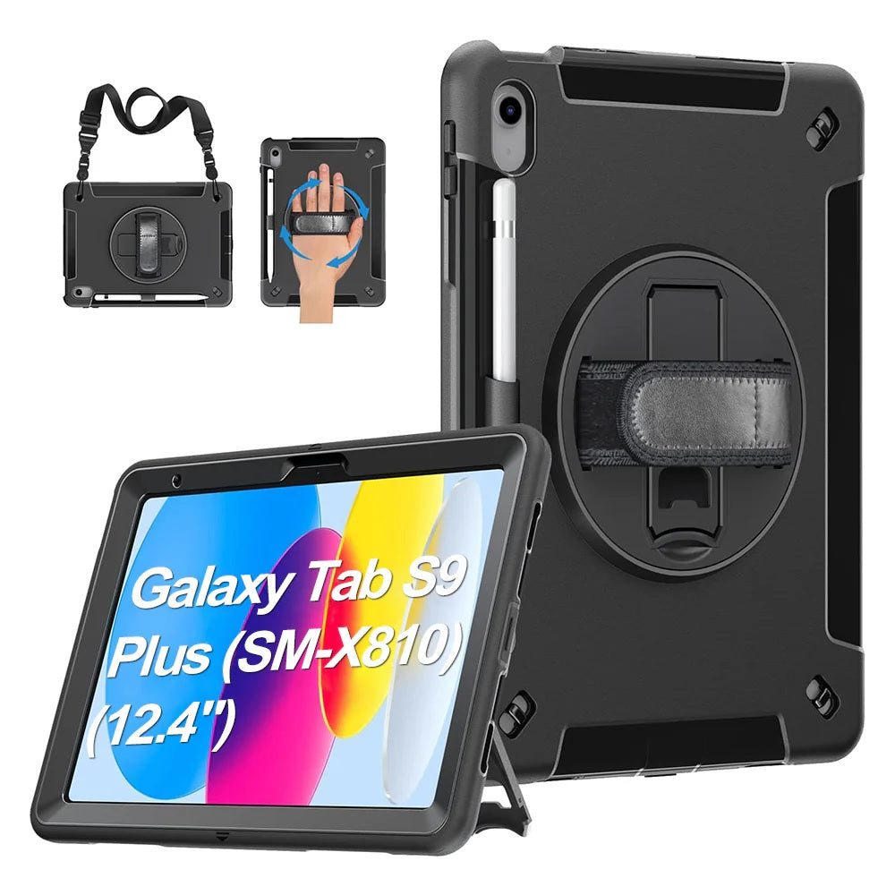 USP Rugged Samsung Galaxy Tab S10+/ Tab S9+ /Tab S9 FE+ (12.4') Case Black - Built-in-Kickstand, Adjustable Hand Strap, Shoulder Strap,3 Year Warranty