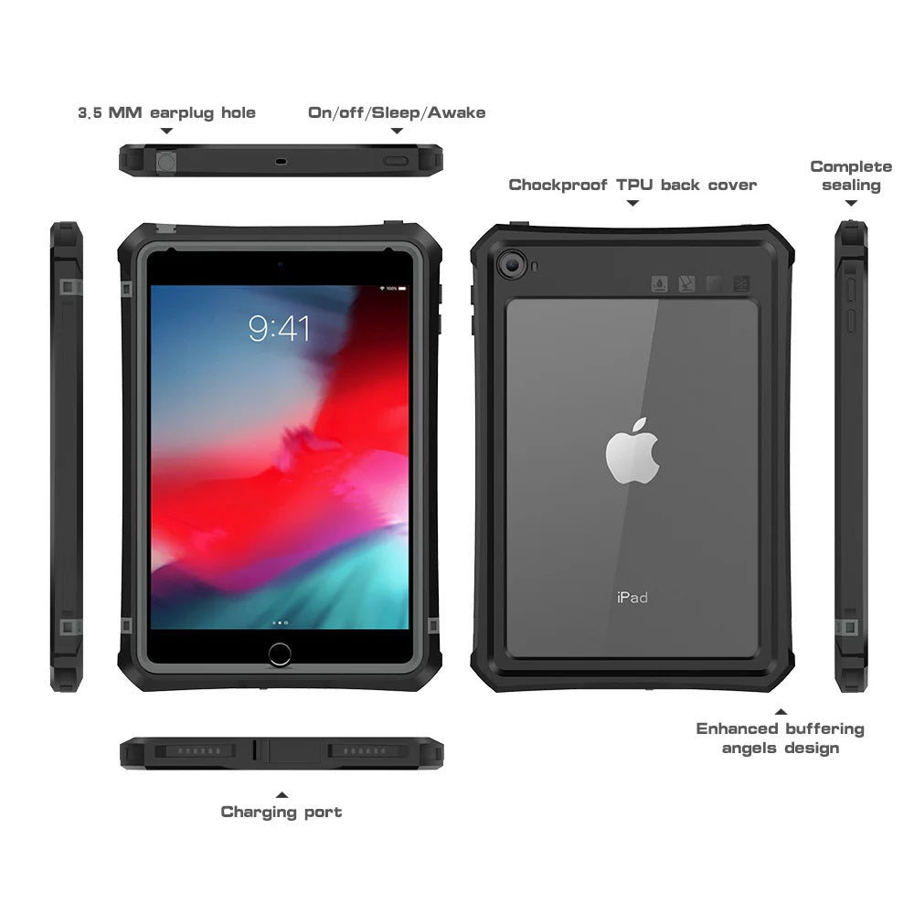 USP Apple iPad Mini (7.9') (5th/4th Gen) WaterProof Case Black - Support Smart Control Keyboard, 360° Rotation, DustProof, SnowProof, 3 Year Warranty