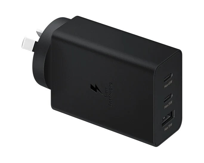 Samsung 65W PD Power Adapter Trio - Black(EP-T6530NBEGAU),3-in-1 Wall Charger(2 x USB-C, USB-A), Versatile Compatiblity, 1 Year Warranty