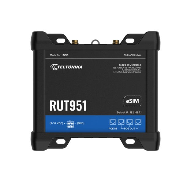Teltonika RUT951 Industrial PoE+ Cellular Router, 4G LTE (Cat 4), Dual SIM,WI-FI, Automatic WAN Failover, PSU included