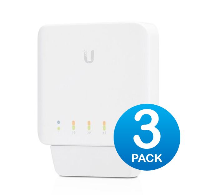 Ubiquiti USW Flex 3 Pack- Managed, Layer 2 Gigabit switch with auto-sensing 802.3af PoE support. 1x PoE In, 4x PoE Out,