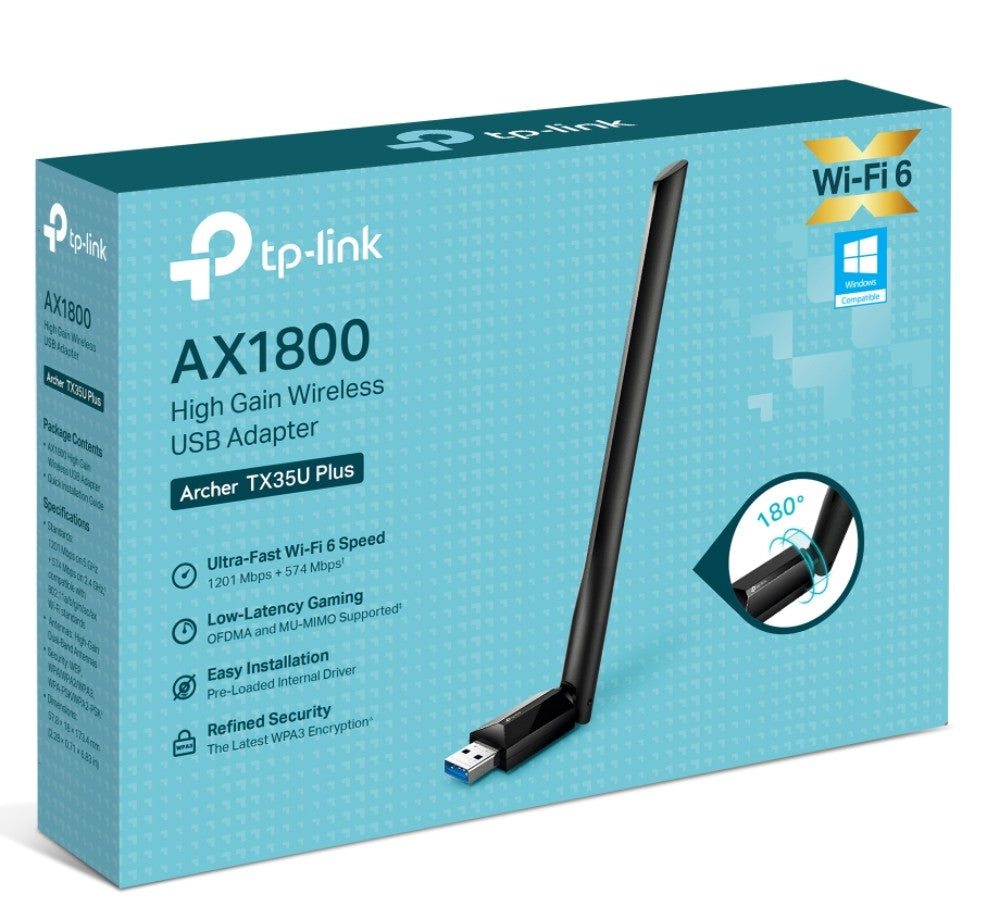 TP-Link Archer TX35U Plus AX1800 High Gain Wireless USB Adapter, 1201 Mbps at 5 GHz + 574 Mbps at 2.4 GHz, 1× High Gain External Antenna, USB 3.0
FEA