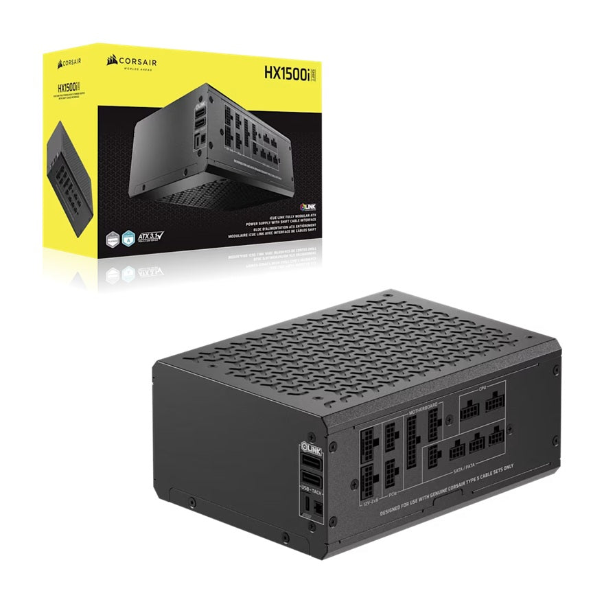 Corsair HX1500i SHIFT Fully Modular Platinum ATX Power Supply, ATX 3.1, 8x PATA, 2x EPS,12x SATA, 6x PCIe, DSP, fully modular, 140mm FDB fan, 10yr WTY